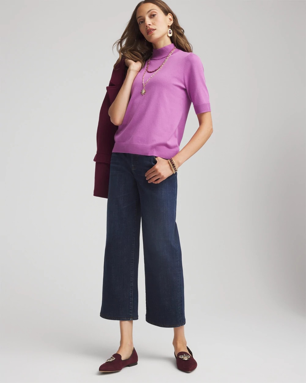 Chico's Ella Elbow Sleeve Mockneck Sweater GOOSEBERRY