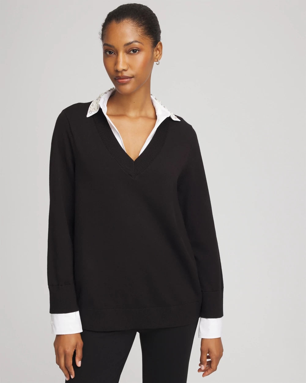 Chico's Embellished Layered Collar Shirt Sweater BLACK