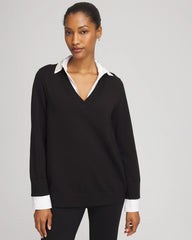 Chico's Embellished Layered Collar Shirt Sweater BLACK