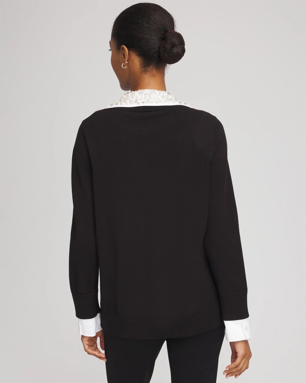 Chico's Embellished Layered Collar Shirt Sweater BLACK