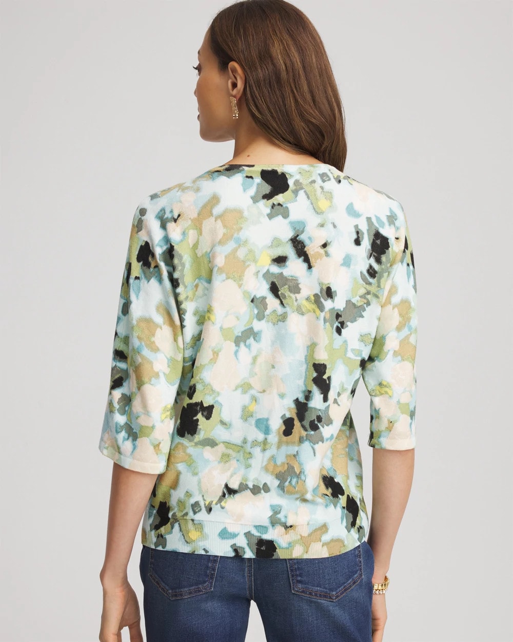 Chico's Printed Dolman V-Neck Pullover Sweater BLUE MENTHE