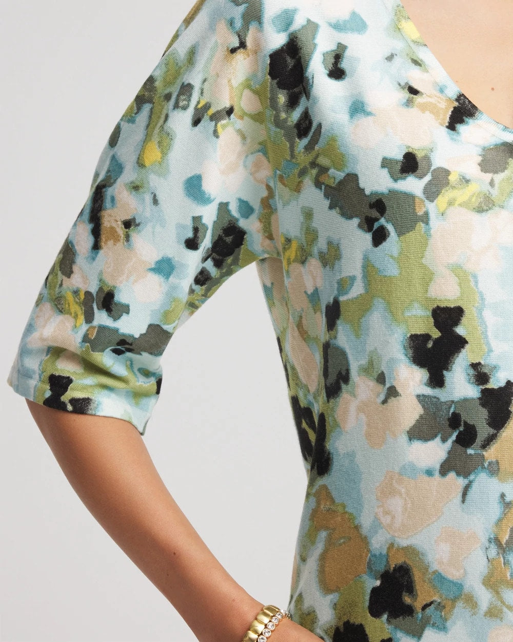 Chico's Printed Dolman V-Neck Pullover Sweater BLUE MENTHE