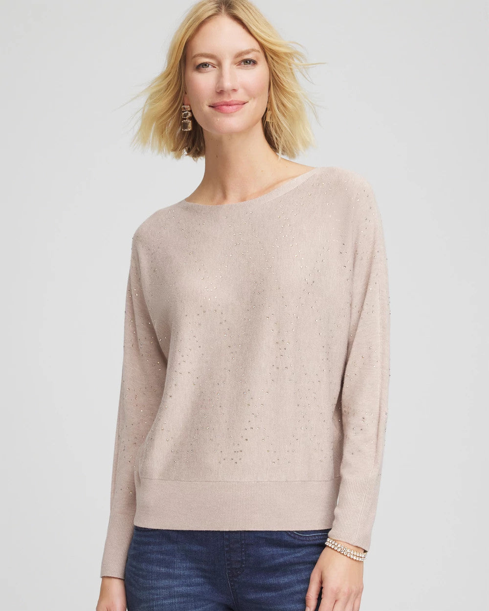 Chico's Ella Embellished Dolman Pullover Sweater LIGHT TAUPE HEATHER