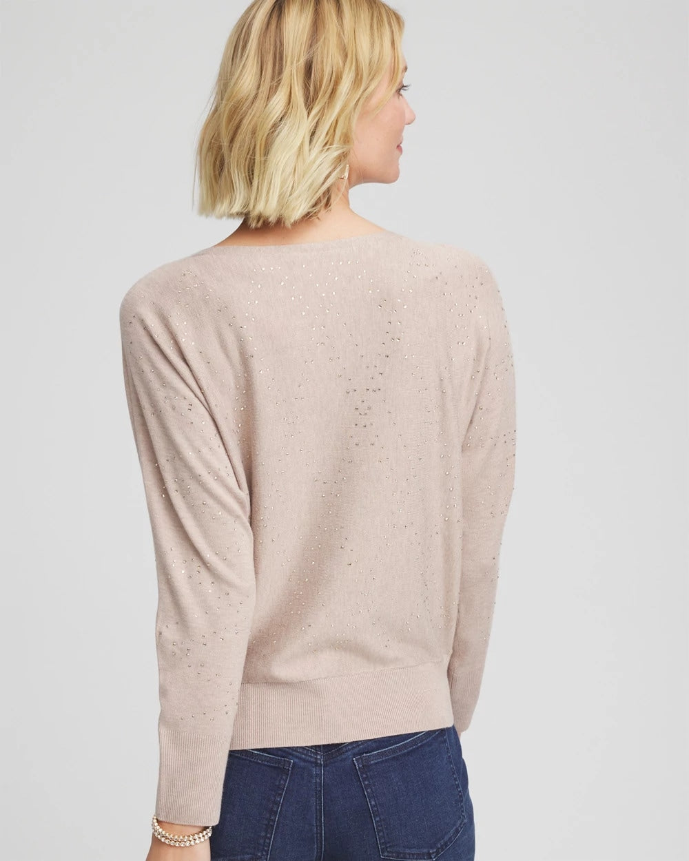 Chico's Ella Embellished Dolman Pullover Sweater LIGHT TAUPE HEATHER