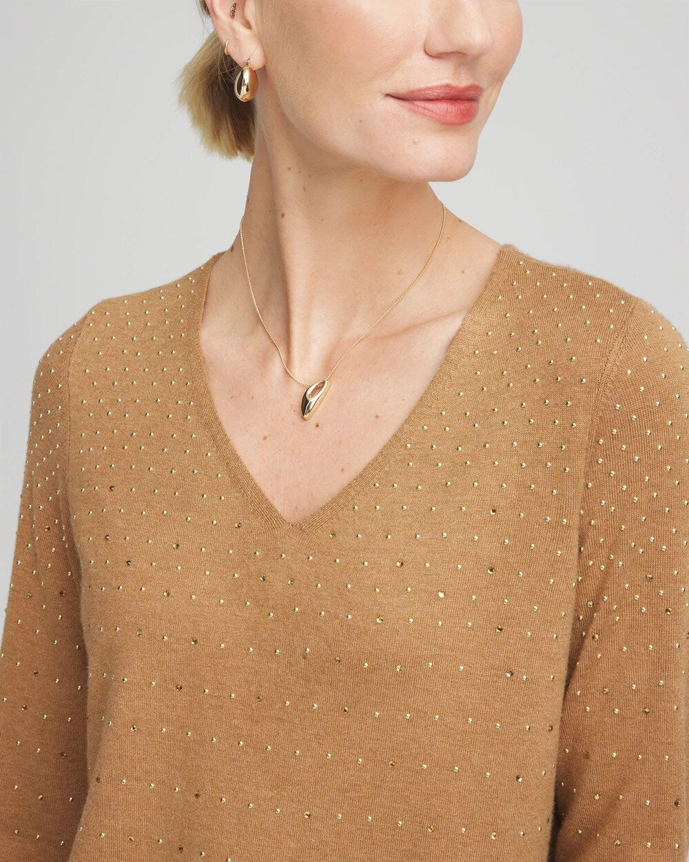 Chico's Ella V-Neck Embellished Pullover Sweater FAUX CAMEL HEATHER