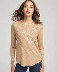 Chico's Ella Boatneck Foiled Pullover Sweater FAUX CAMEL HEATHER