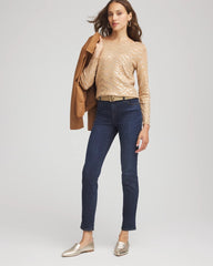 Chico's Ella Boatneck Foiled Pullover Sweater FAUX CAMEL HEATHER