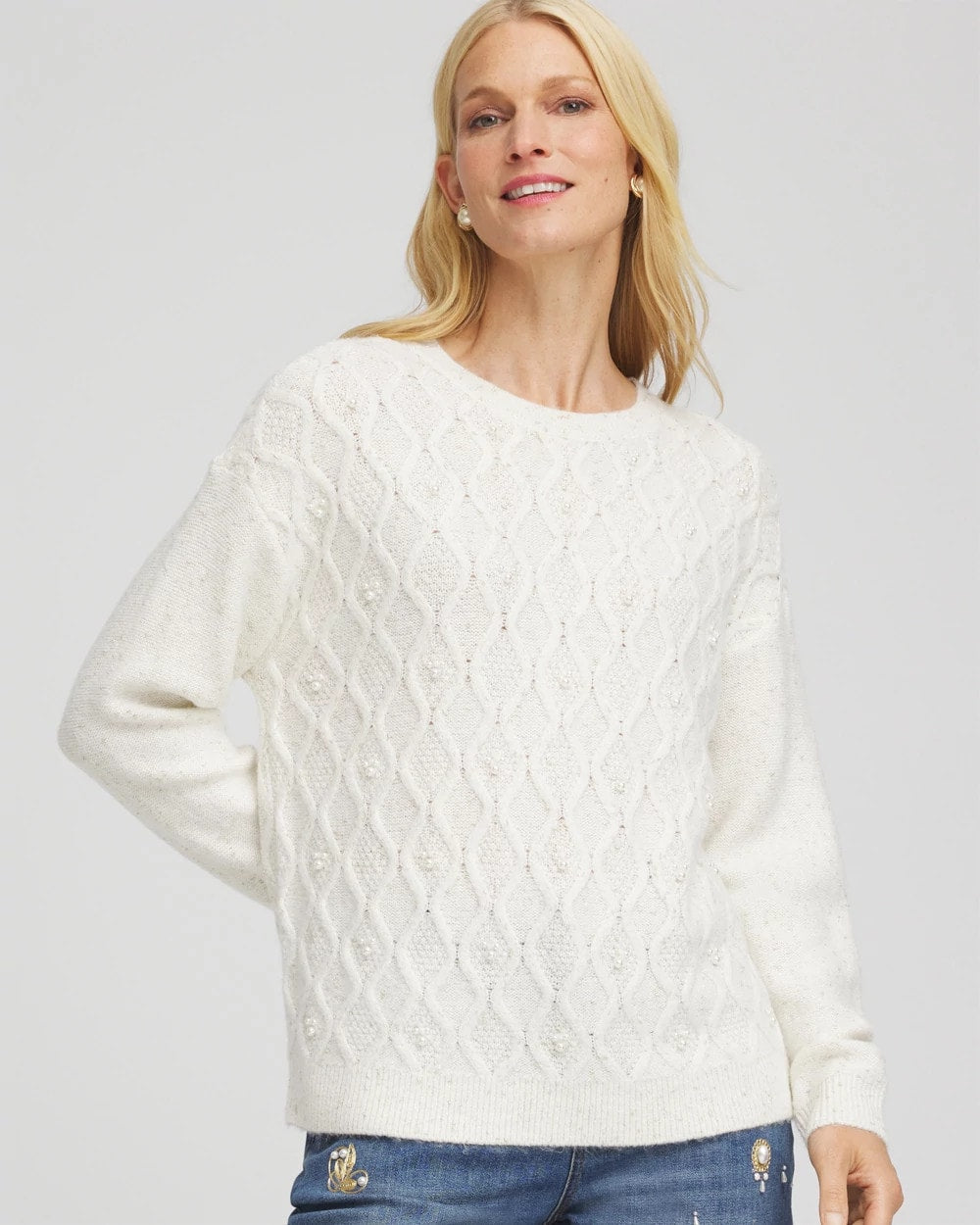 Chico's Embellished Cable Knit Sweater ENGLISH CREAM