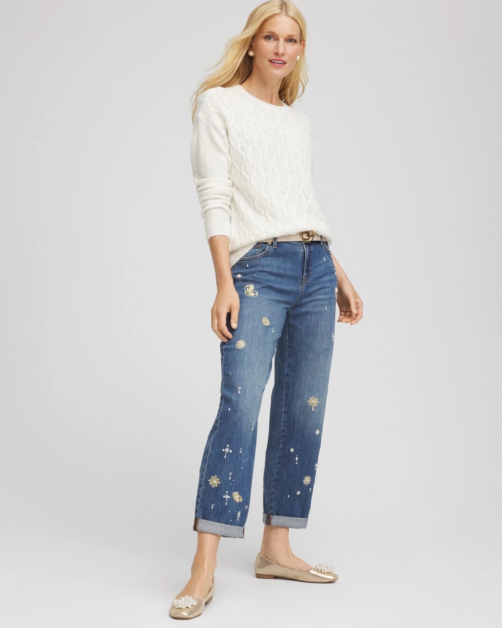 Chico's Embellished Cable Knit Sweater ENGLISH CREAM