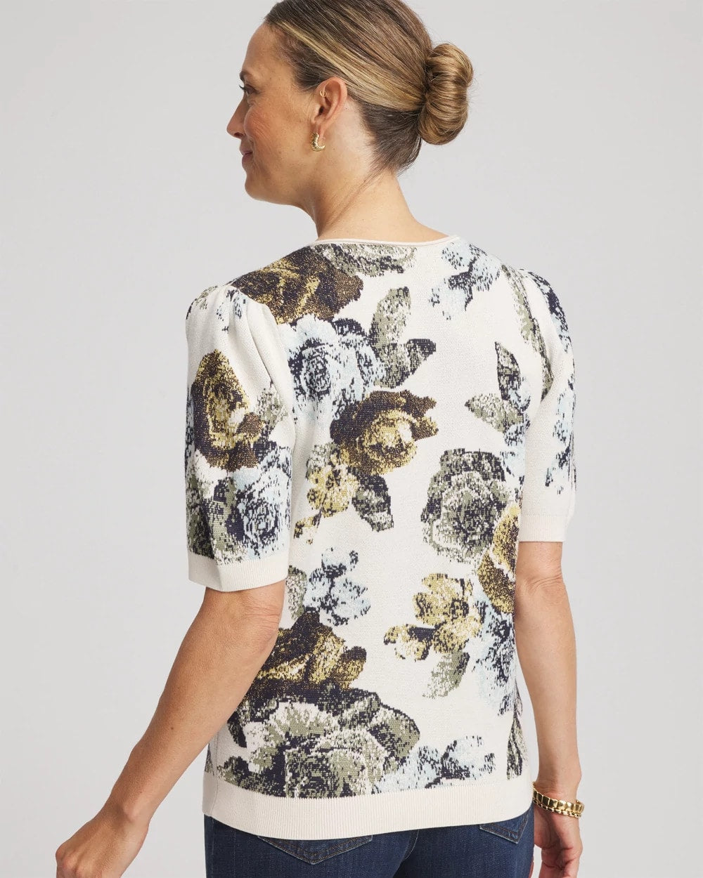 Chico's Floral V-Neck Sweater Tee ENGLISH CREAM
