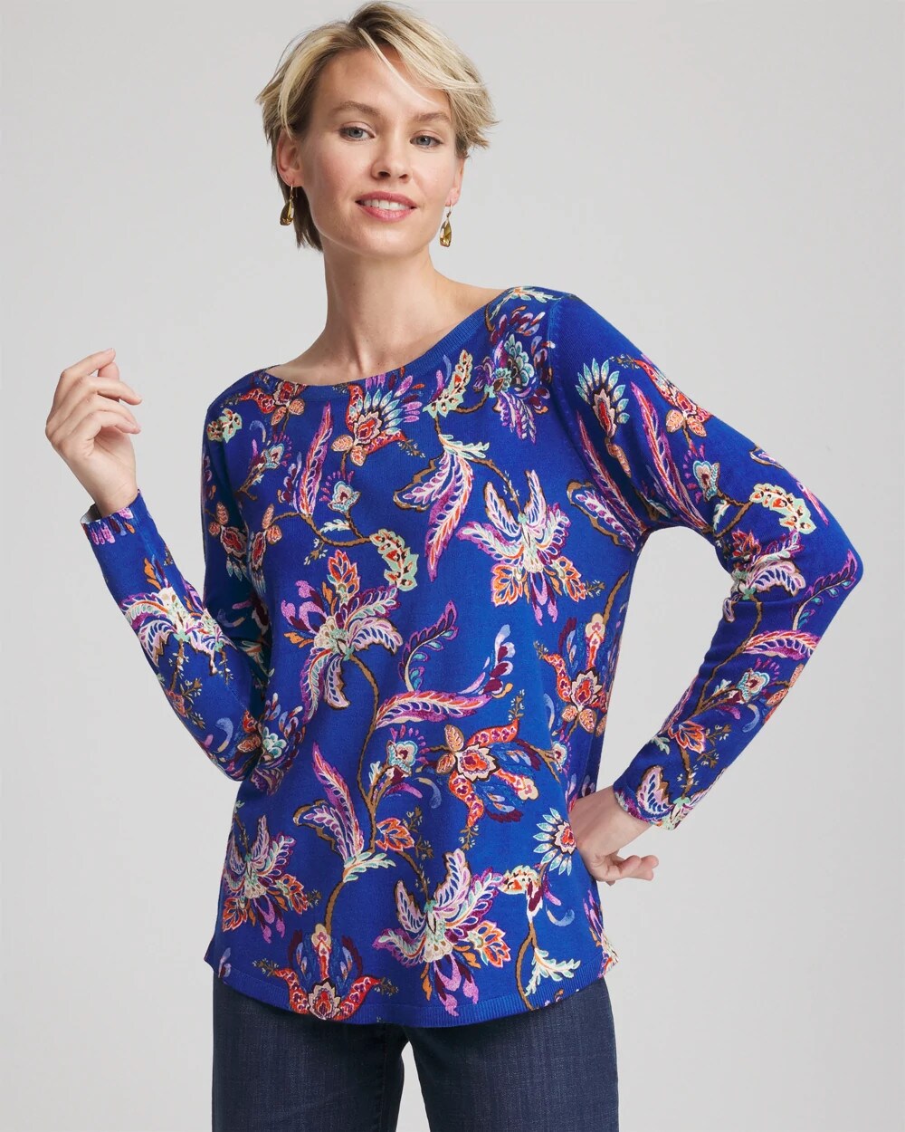 Chico's Ella Boatneck Printed Pullover Sweater COBALT STONE