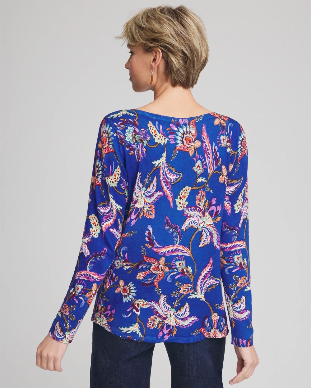 Chico's Ella Boatneck Printed Pullover Sweater COBALT STONE