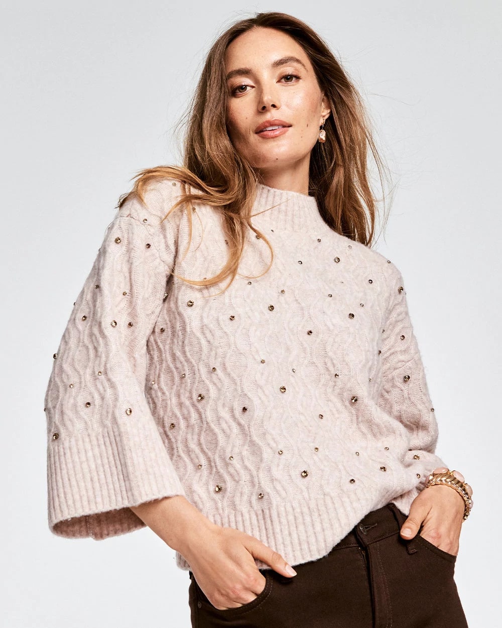 Chico's Sequined Cable Knit Sweater BIRCH BARK HEATHER
