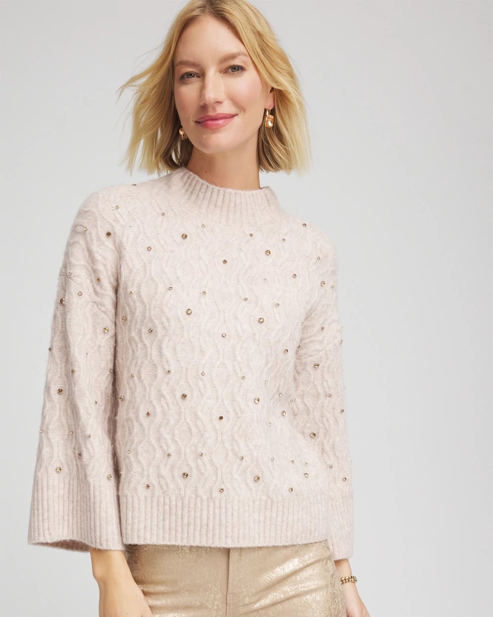 Chico's Sequined Cable Knit Sweater BIRCH BARK HEATHER
