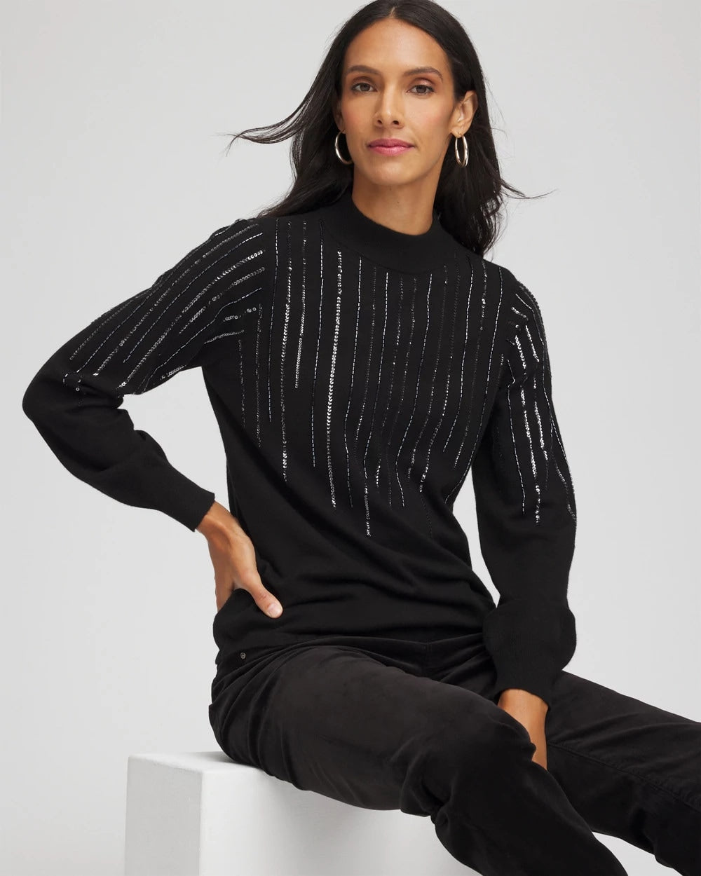 Chico's Embellished Mockneck Sweater BLACK