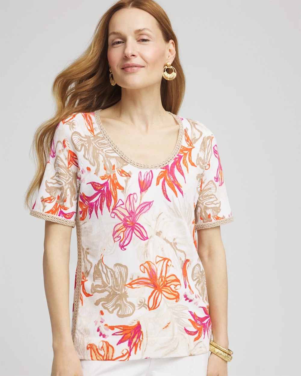 Chico's Floral Print Crochet-Trim Pullover Sweater ALABASTER