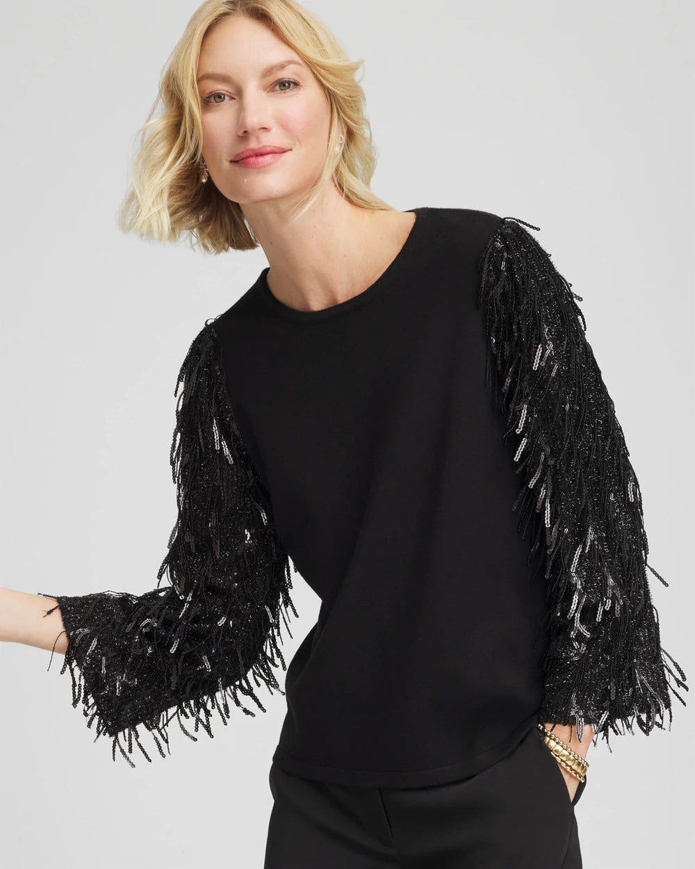 Chico's Fringe Sequins Pullover Sweater BLACK