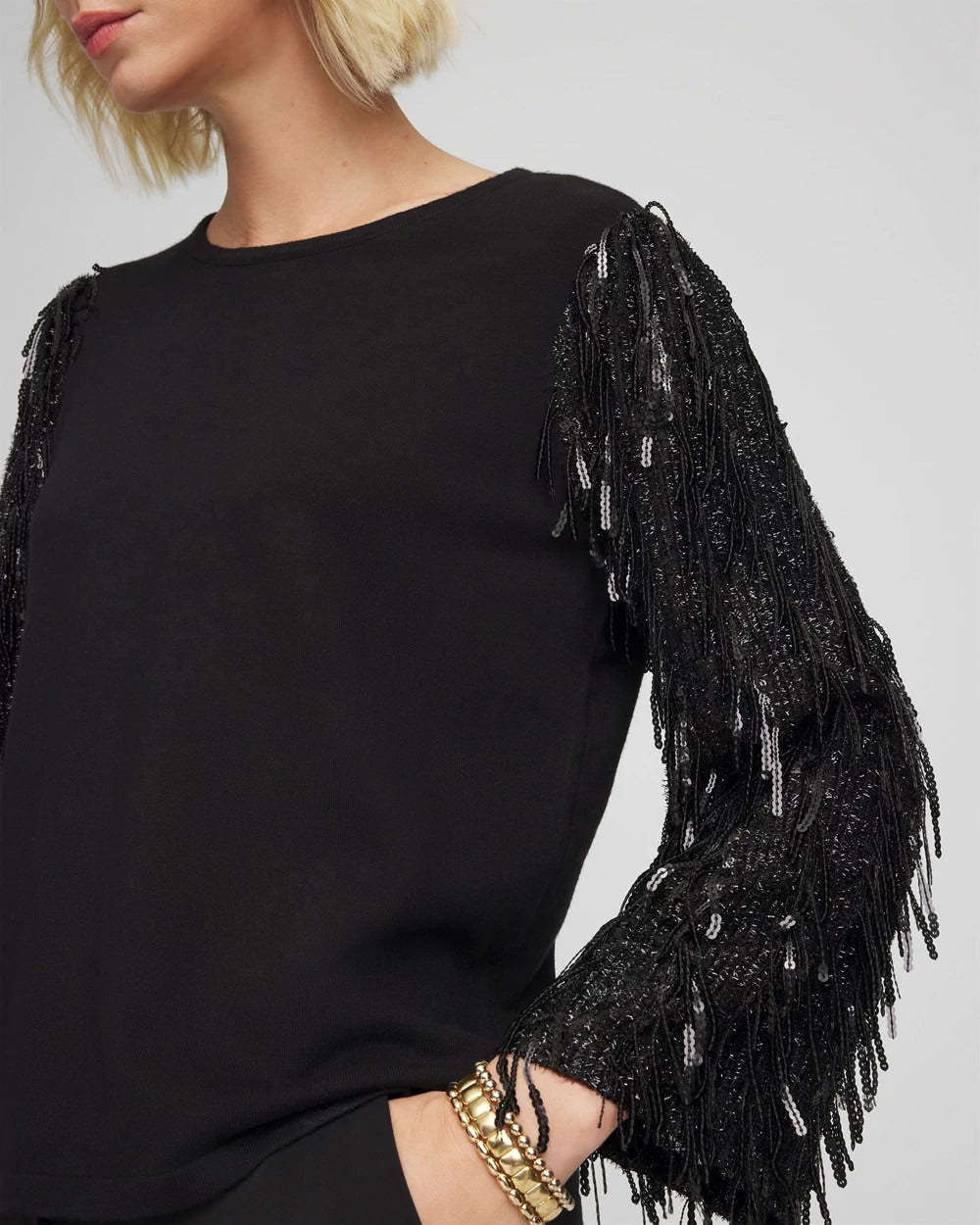 Chico's Fringe Sequins Pullover Sweater BLACK