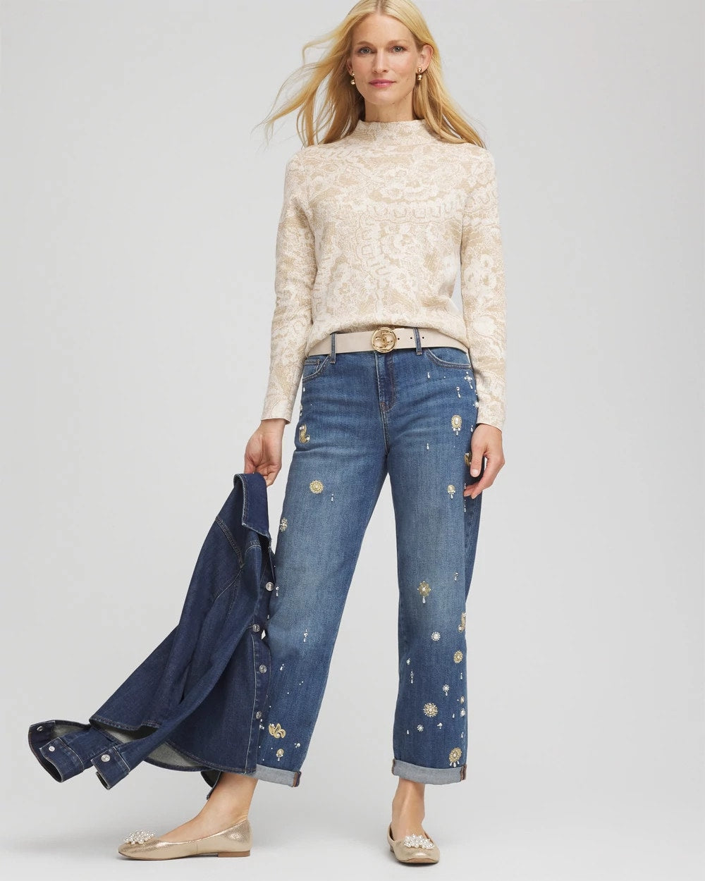 Chico's Ella Jacquard Mockneck Sweater ENGLISH CREAM