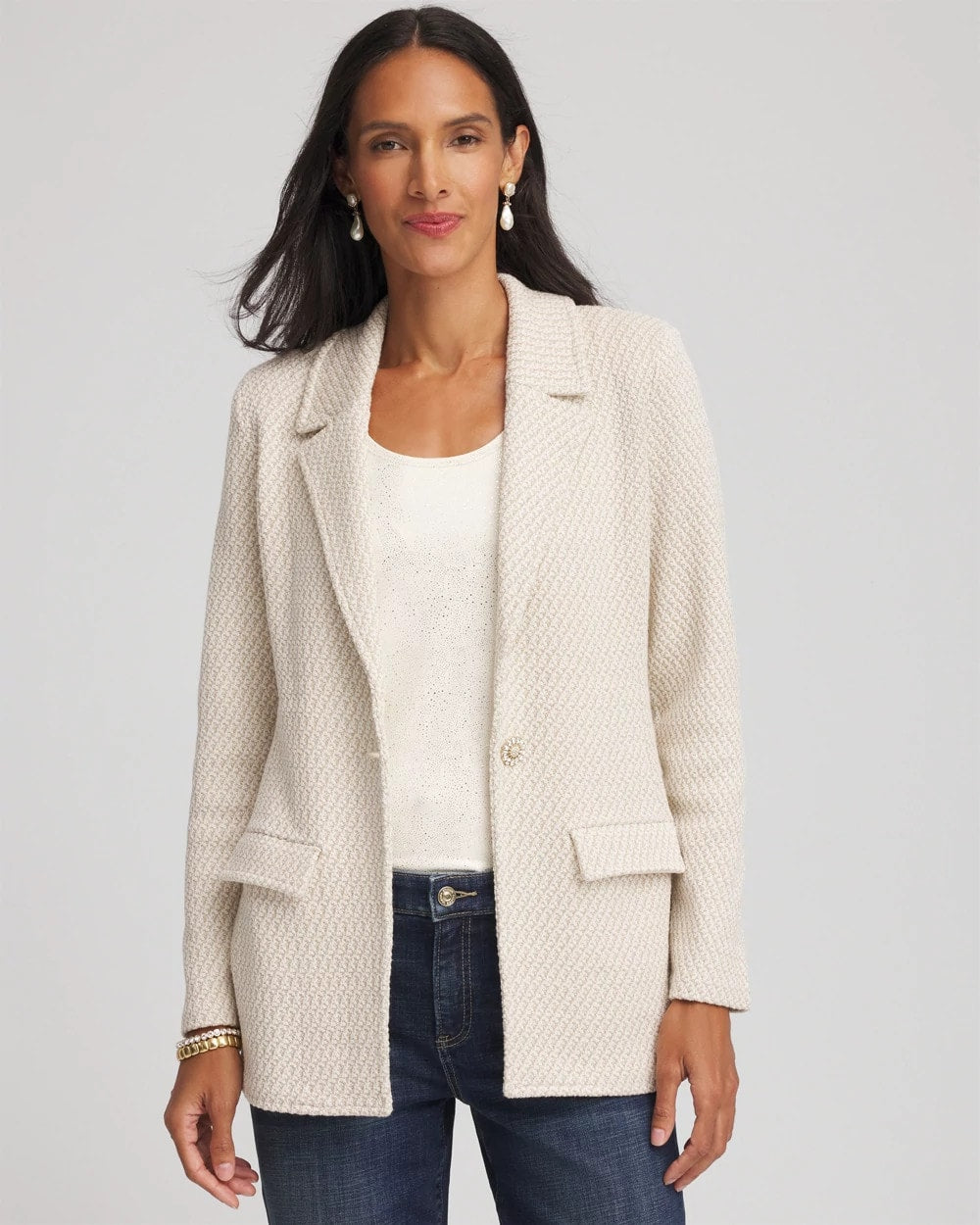 Chico's Metallic Rhinestone Sweater Blazer ENGLISH CREAM