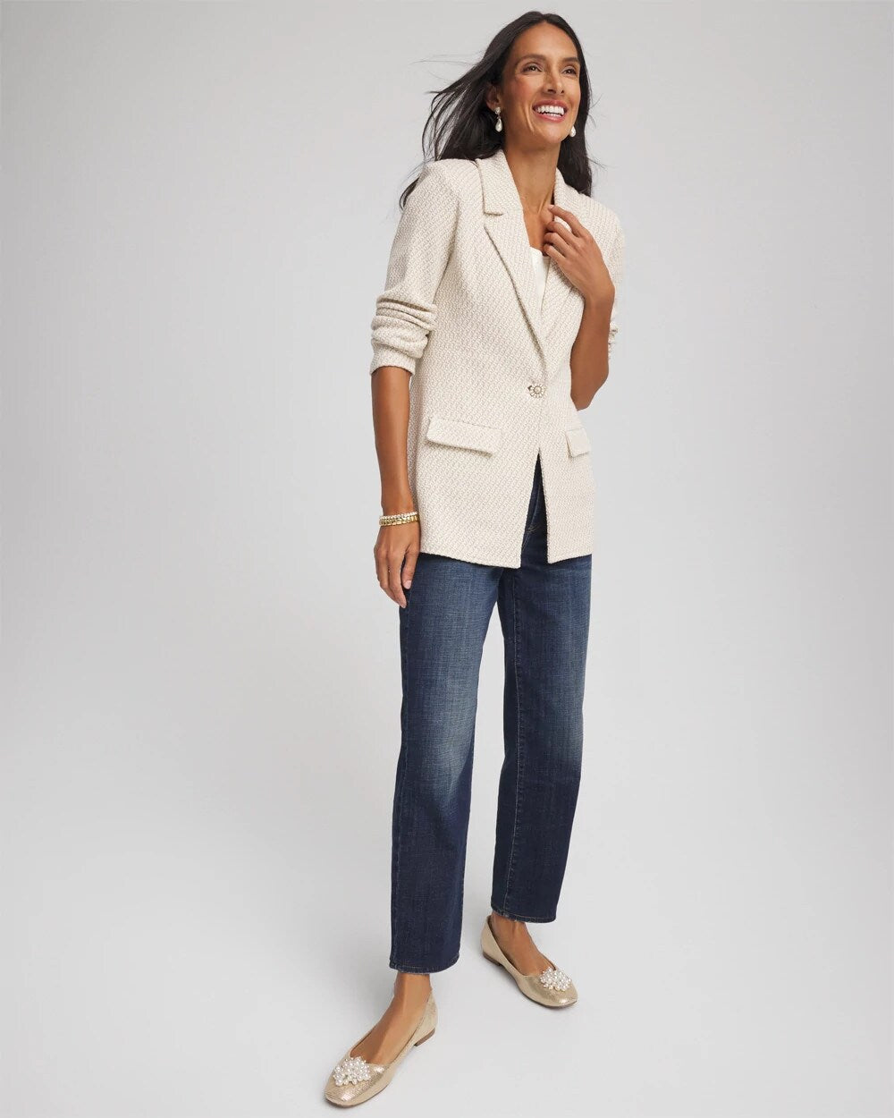 Chico's Metallic Rhinestone Sweater Blazer ENGLISH CREAM