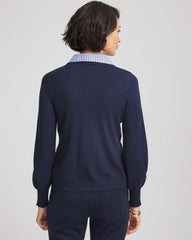 Chico's Striped Collared Cardigan Sweater PASSPORT BLUE