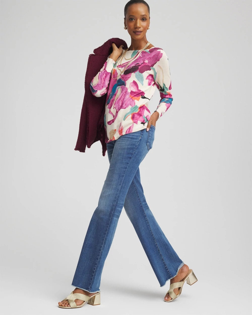 Chico's Ella Boatneck Watercolor Pullover Sweater MULTI