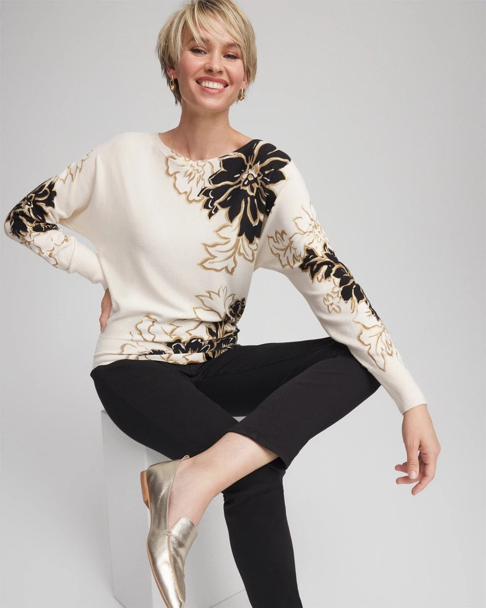 Chico's Ella Dolman Artisanal Pullover Sweater BLACK