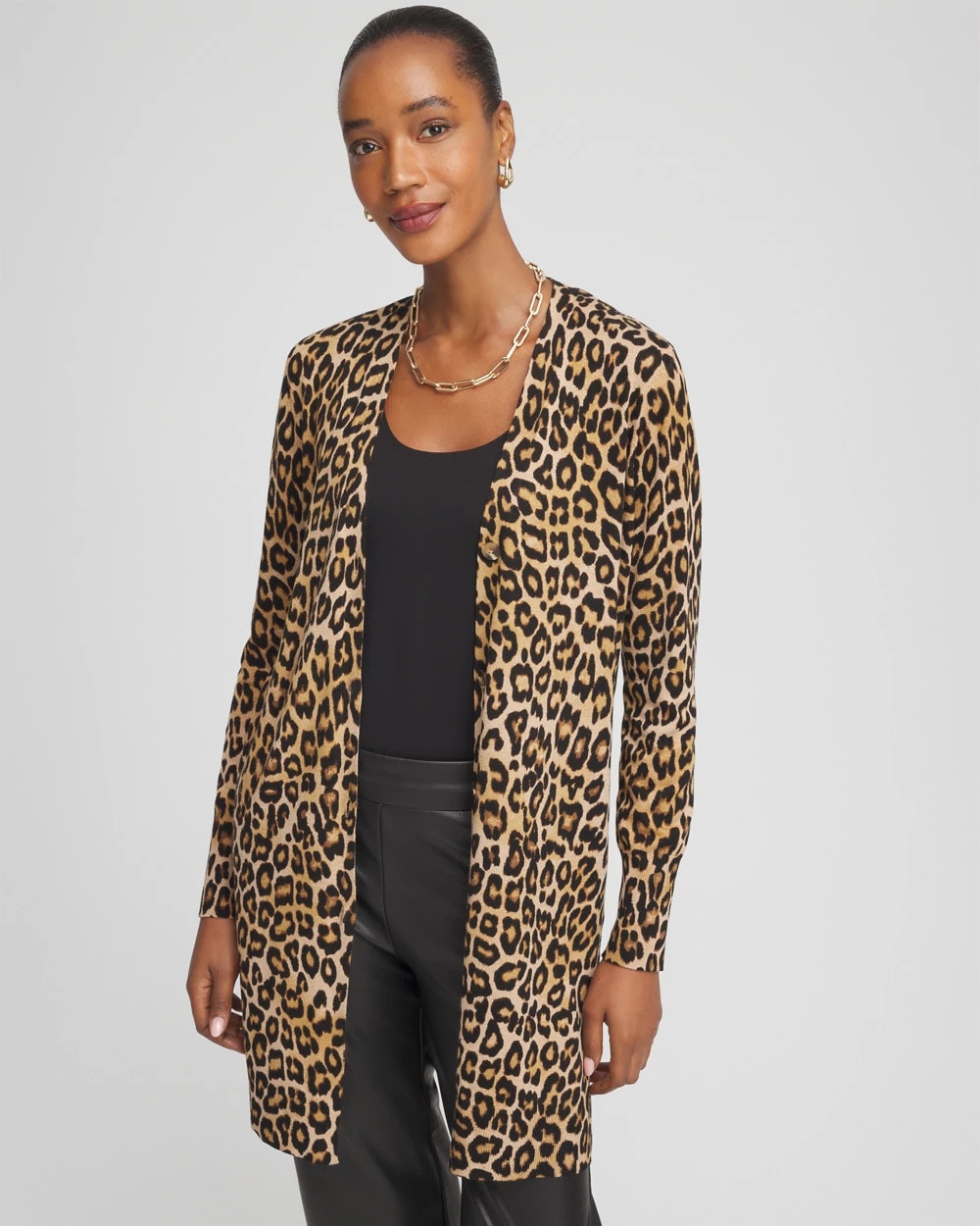 Chico's Ella Animal-Print Cardigan Sweater SAND