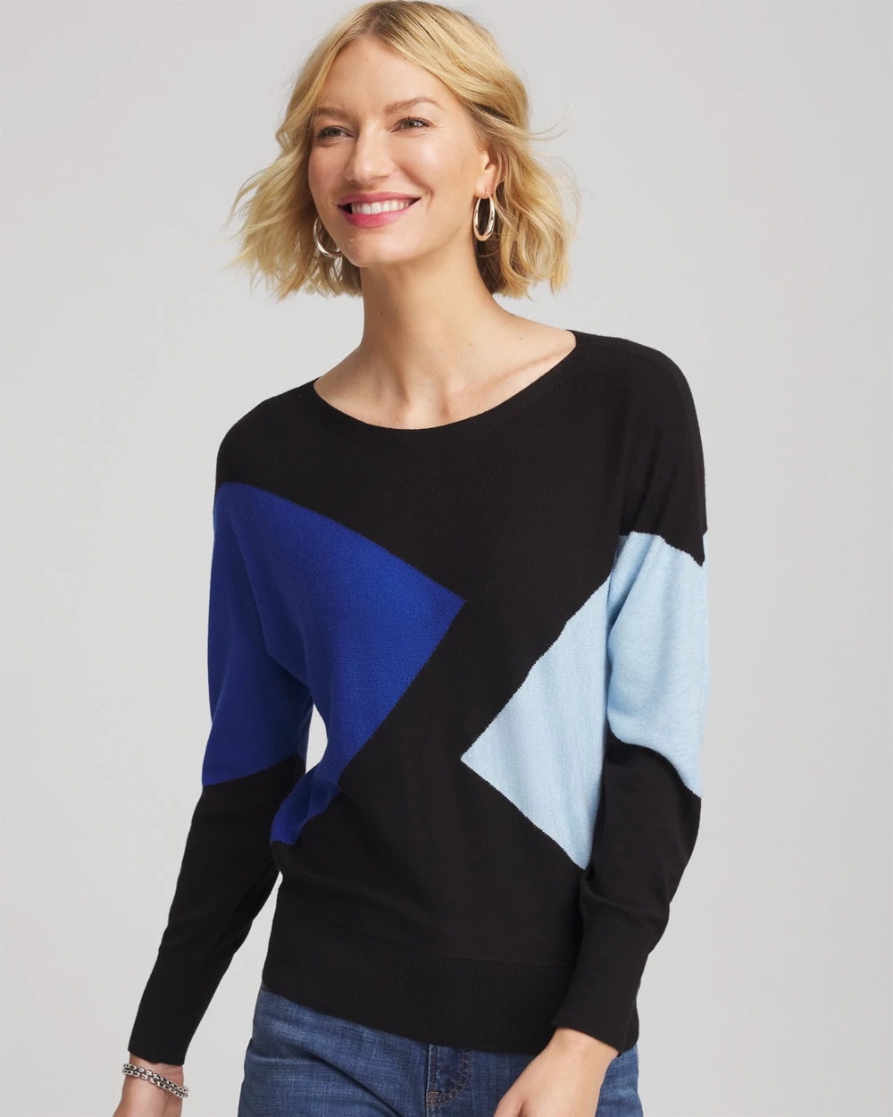 Chico's Ella Dolman Intarsia Pullover Sweater BLACK