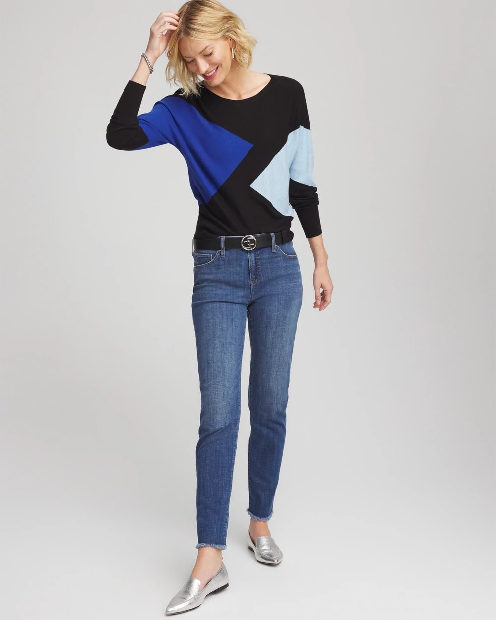 Chico's Ella Dolman Intarsia Pullover Sweater BLACK