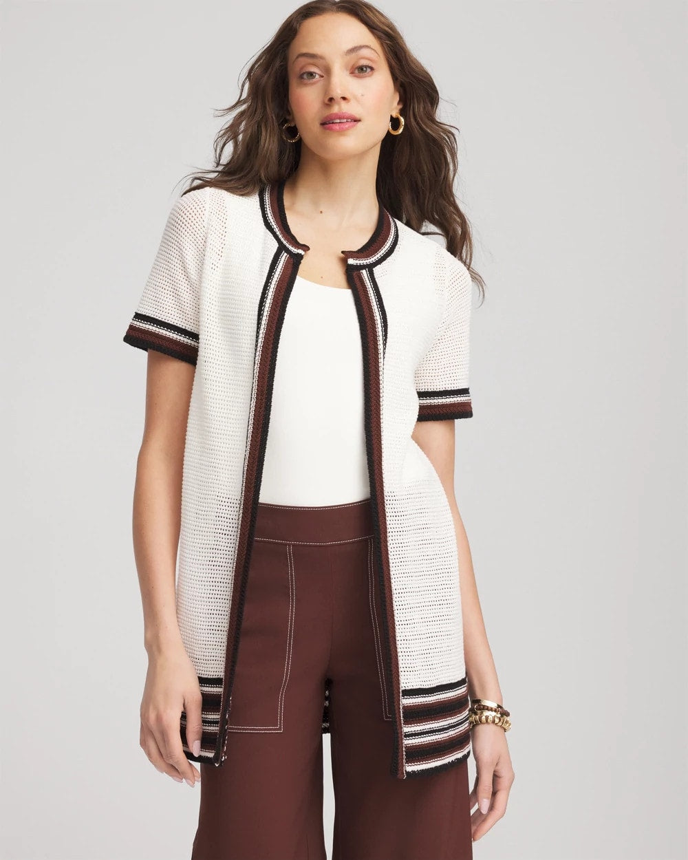 Chico's Pointelle High-Style Short-Sleeve Cardigan ECRU