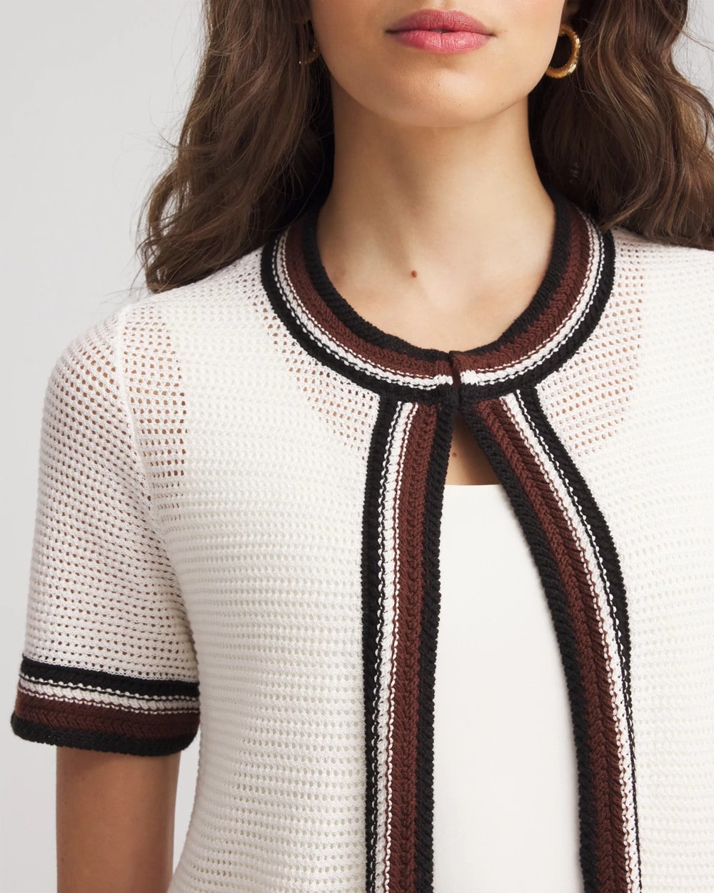 Chico's Pointelle High-Style Short-Sleeve Cardigan ECRU