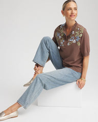 Chico's Embroidered Henley Pullover Sweater DRIED MUSHROOM