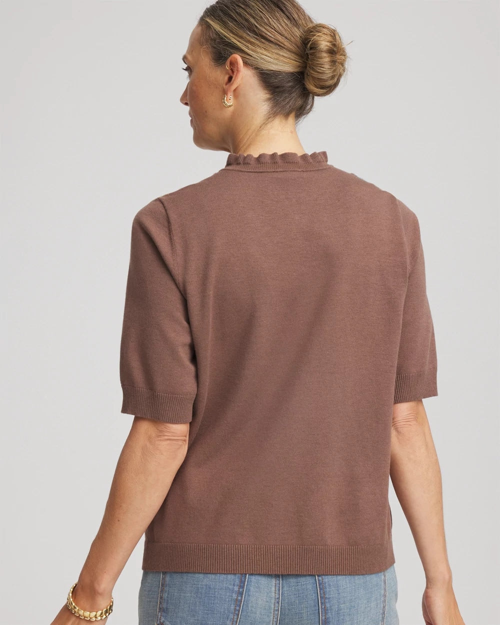 Chico's Embroidered Henley Pullover Sweater DRIED MUSHROOM