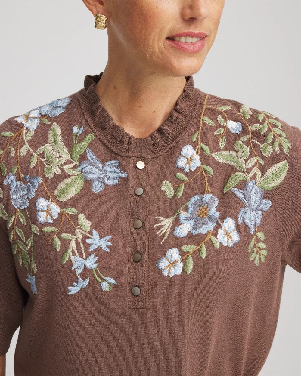 Chico's Embroidered Henley Pullover Sweater DRIED MUSHROOM