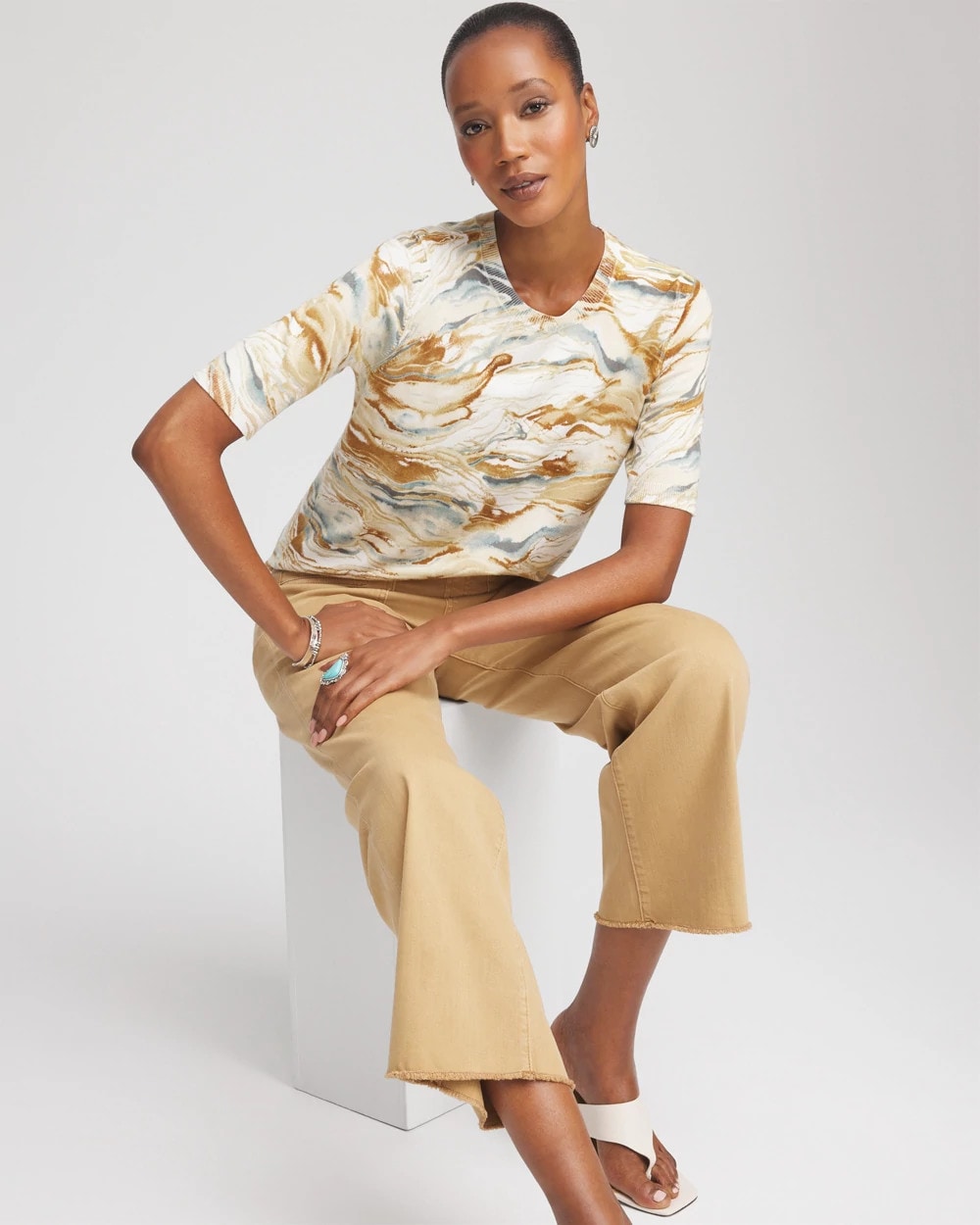 Chico's Printed Crewneck Sweater ECRU
