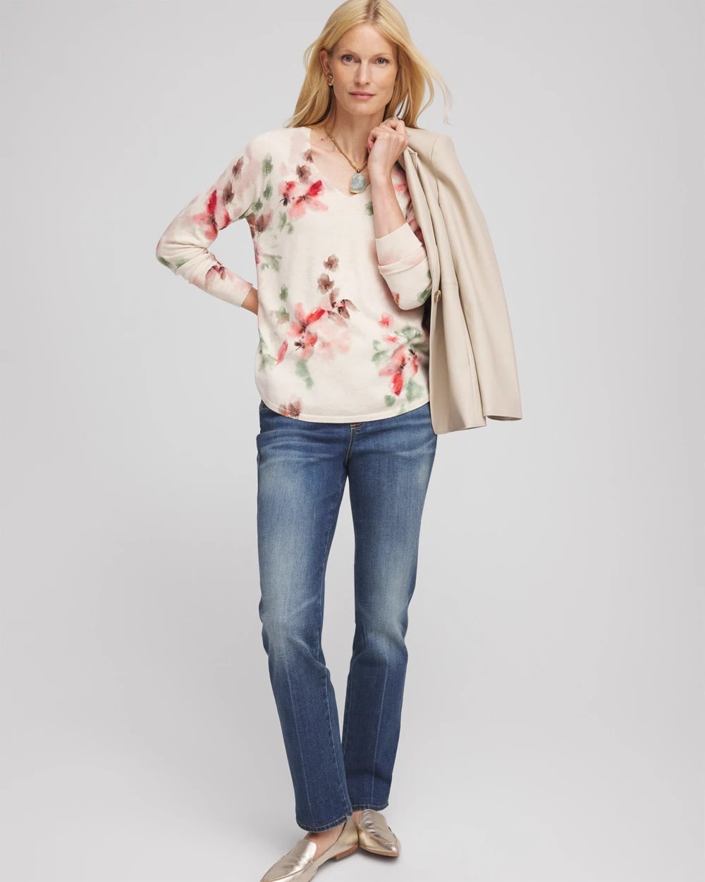 Chico's Ella Flowers & Cream Pullover Sweater ENGLISH CREAM