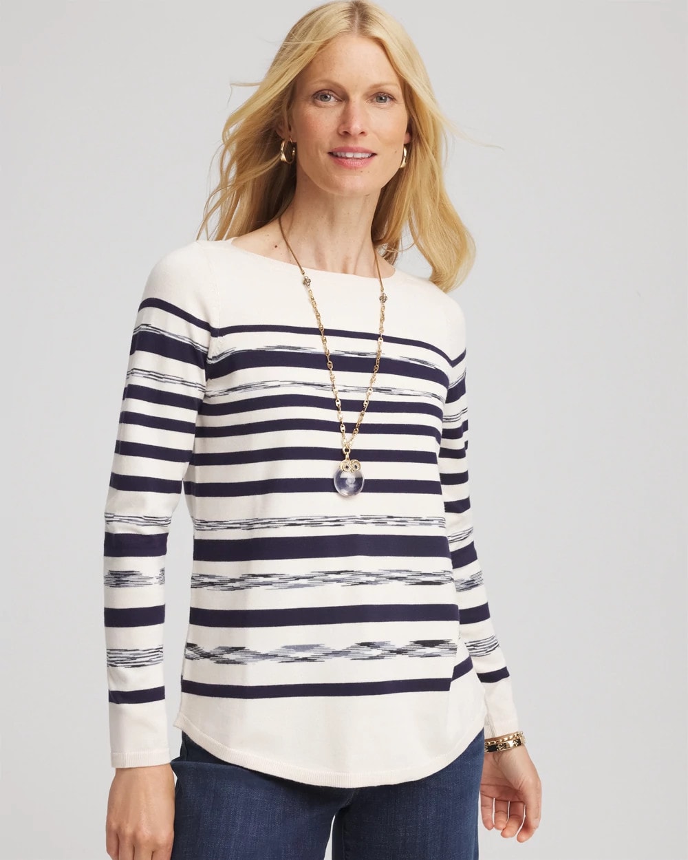 Chico's Ella Striped Bateau Pullover Sweater ENGLISH CREAM