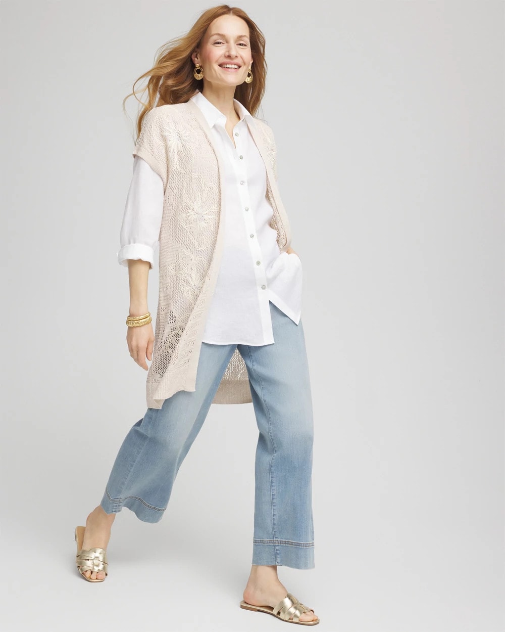 Chico's Pointelle Open-Front Cardigan GLISTENING SAND