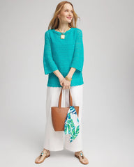 Chico's Pointelle Bateau-Neck Pullover Sweater SEASPRAY