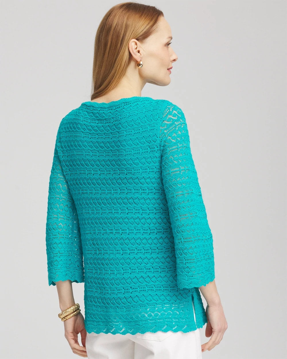 Chico's Pointelle Bateau-Neck Pullover Sweater SEASPRAY
