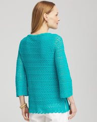 Chico's Pointelle Bateau-Neck Pullover Sweater SEASPRAY