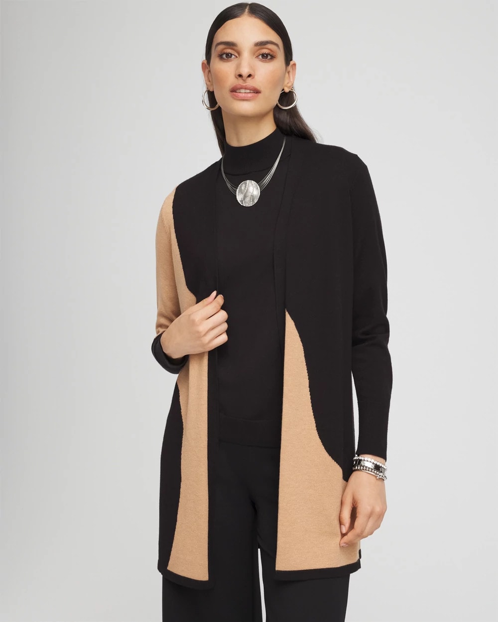 Chico's Intarsia Colorblock Cardigan BLACK