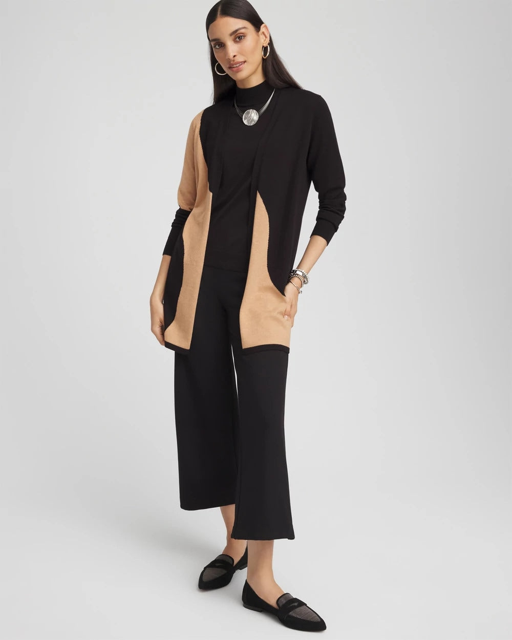 Chico's Intarsia Colorblock Cardigan BLACK