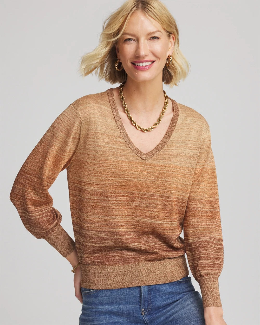 Chico's Ombre Metallic Pullover Sweater CARAMEL APPLE