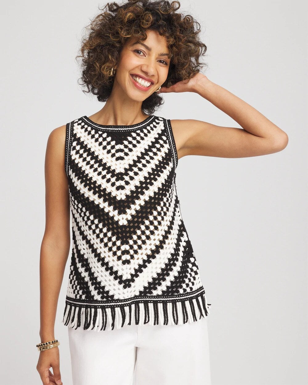 Chico's Crochet Fringe Sleeveless Sweater Tank ECRU