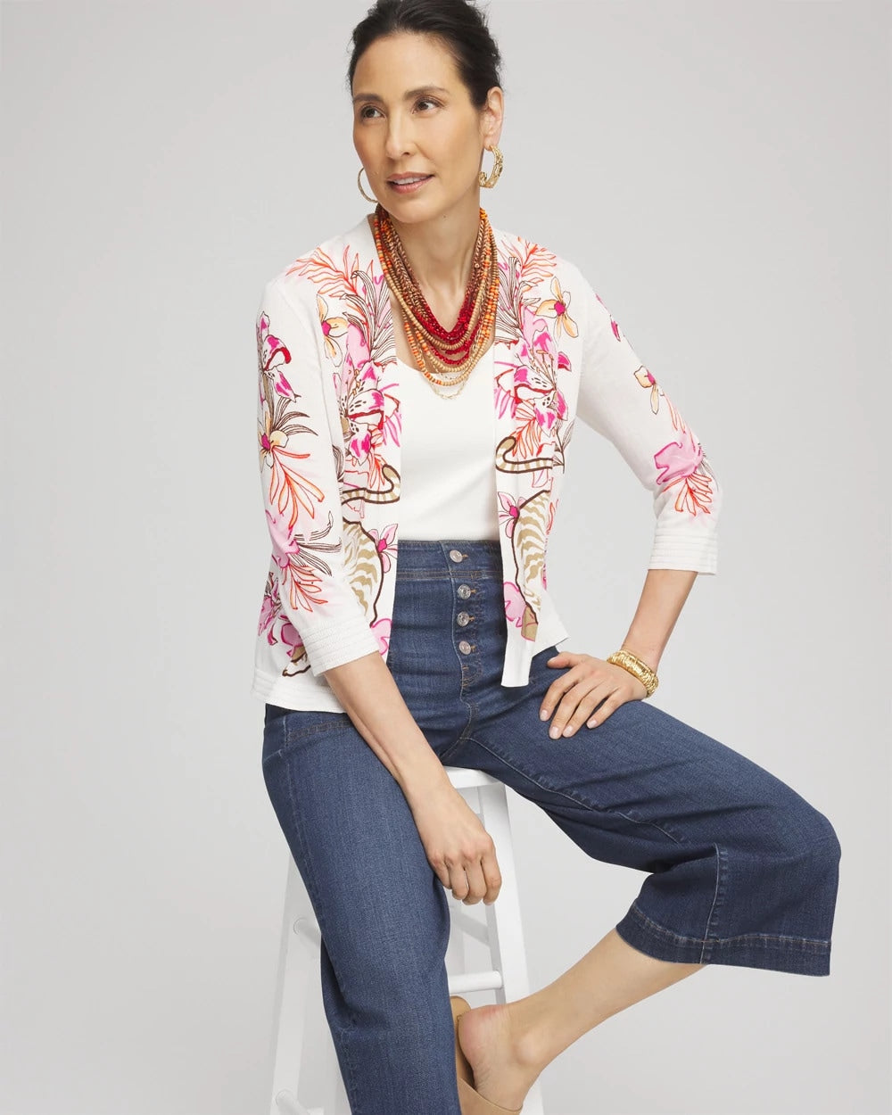 Chico's Summer Romance Floral Cardigan ECRU