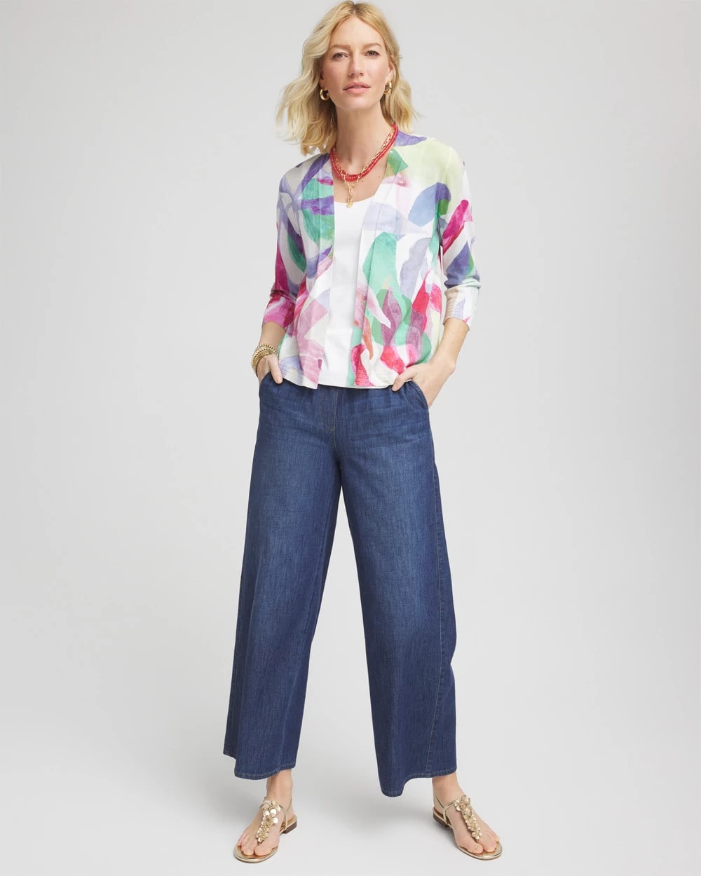 Chico's Summer Romance Watercolor Cardigan ECRU