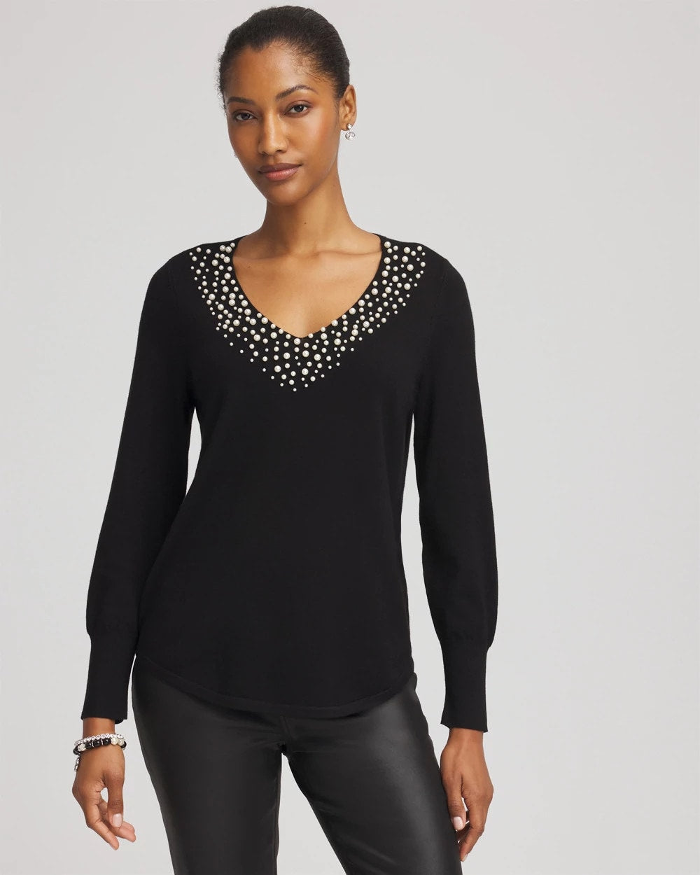 Chico's Ella Embellished V-Neck Sweater BLACK